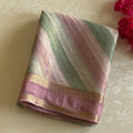 Pastel Pink Green Silk Saree Diagonal Stripes Floral Brocade Pallu
