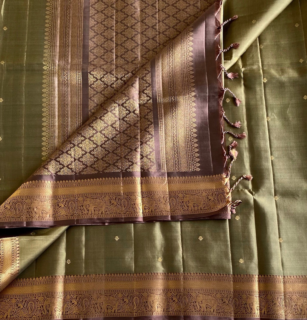 Sage Green Designer Pure Silk Saree With Metallic Brown Pallu