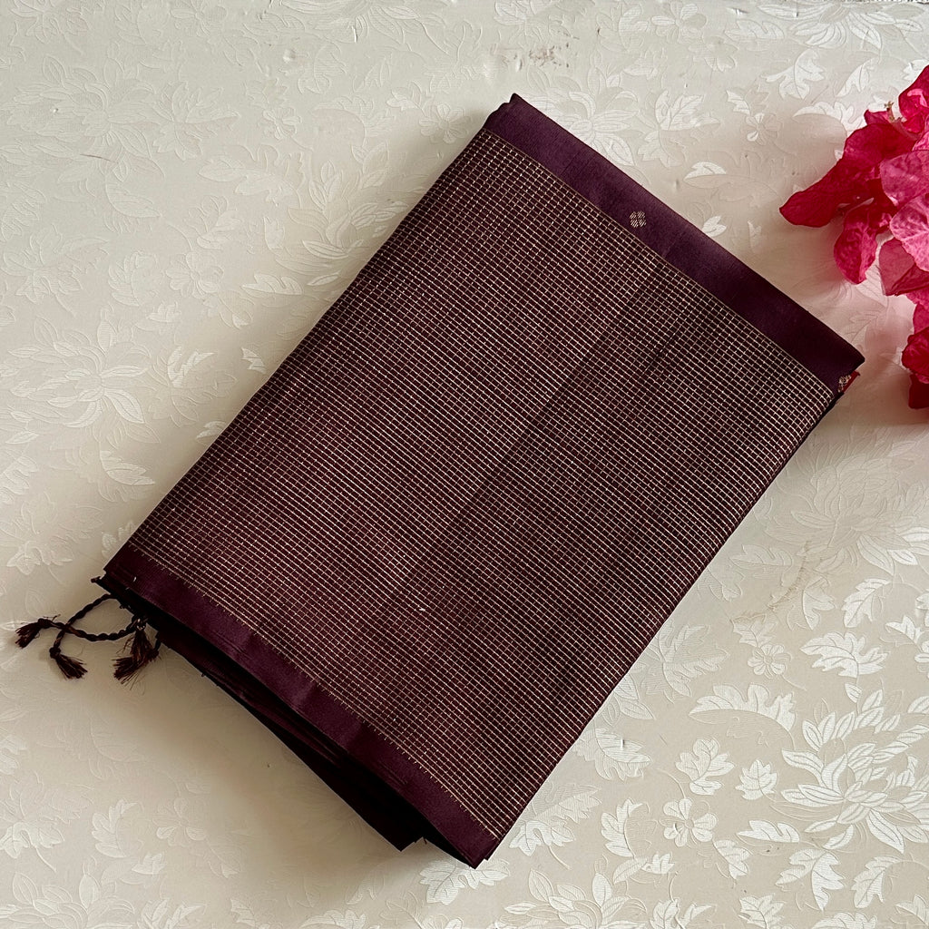 Deep Wine Checkered Pure Silk With Gold intricate Pallu lightweight elegance