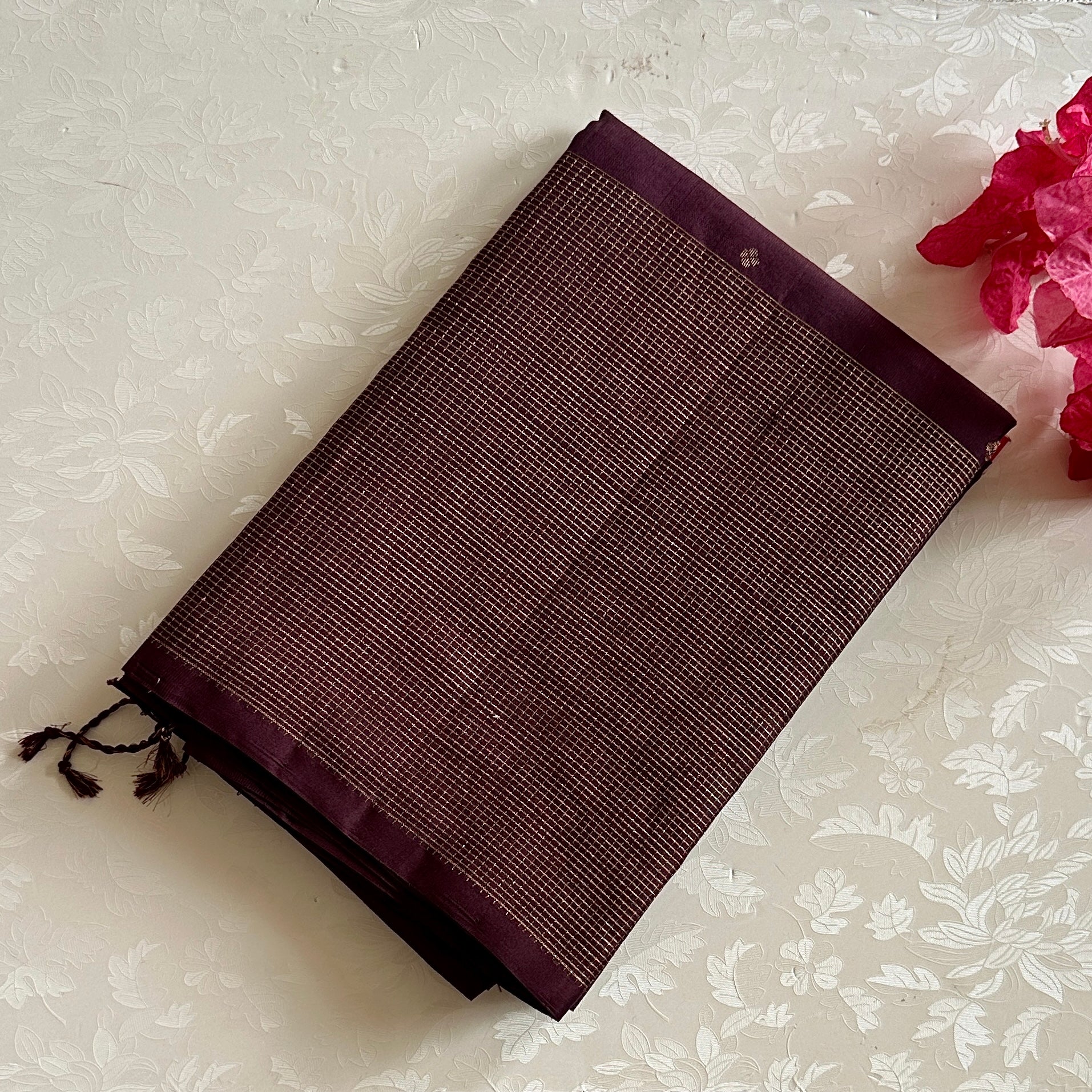 Deep Wine Checkered Pure Silk With Gold intricate Pallu lightweight elegance