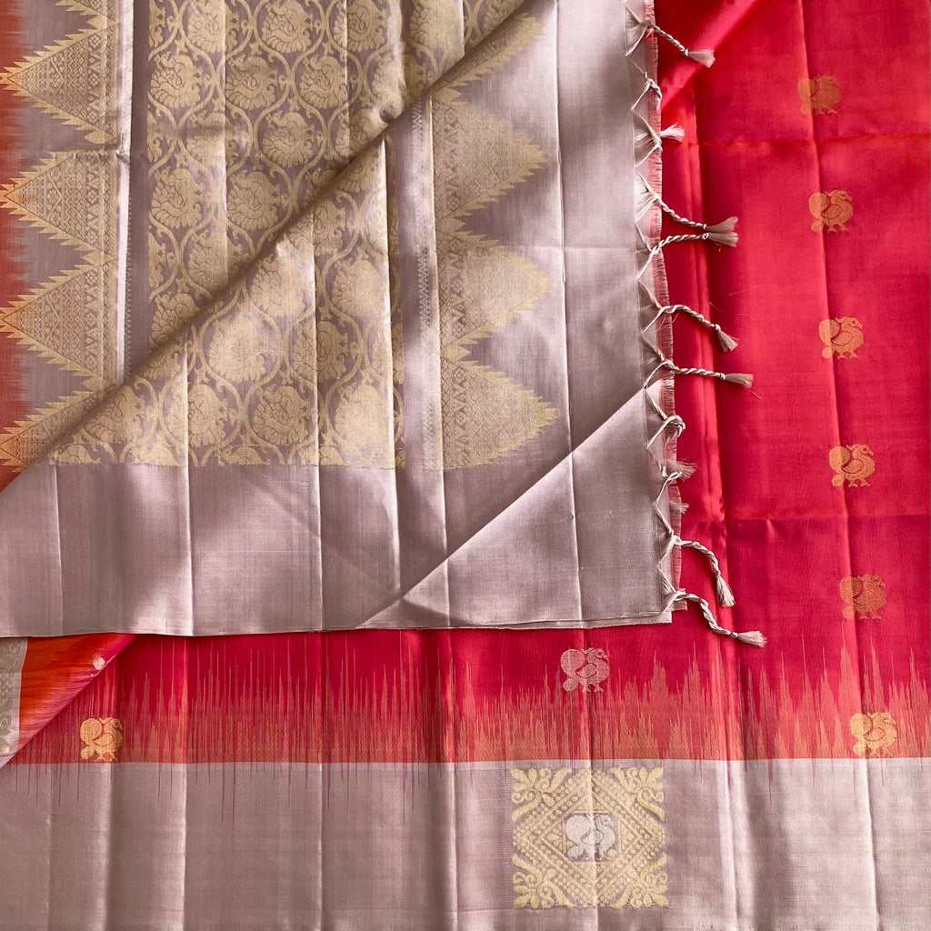 Vibrant Kanakambari Pinkish Red with Metallic Dusty Mauve Designer Pure Silk