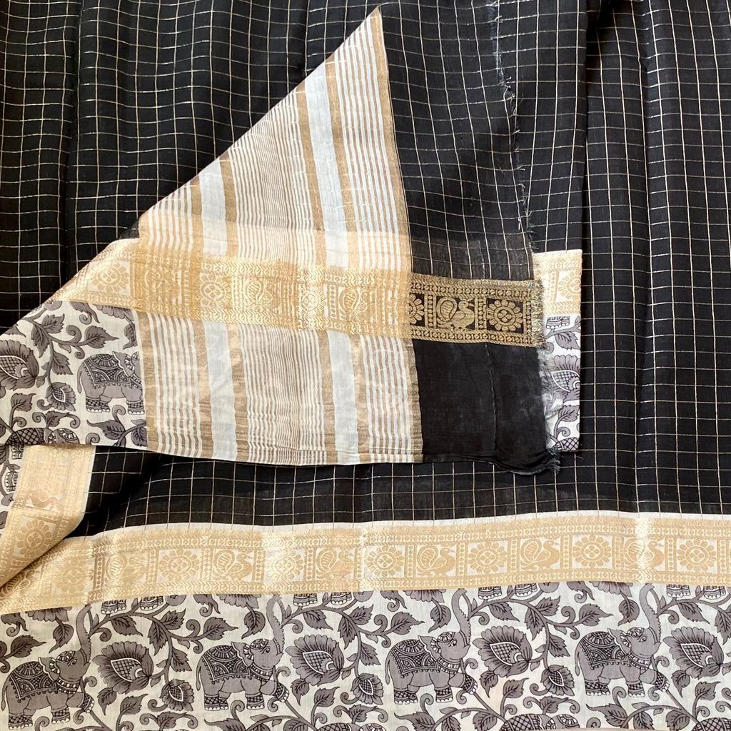 Charcoal Checked Saree Ivory Pallu Gold Zari Elephant Border Traditional