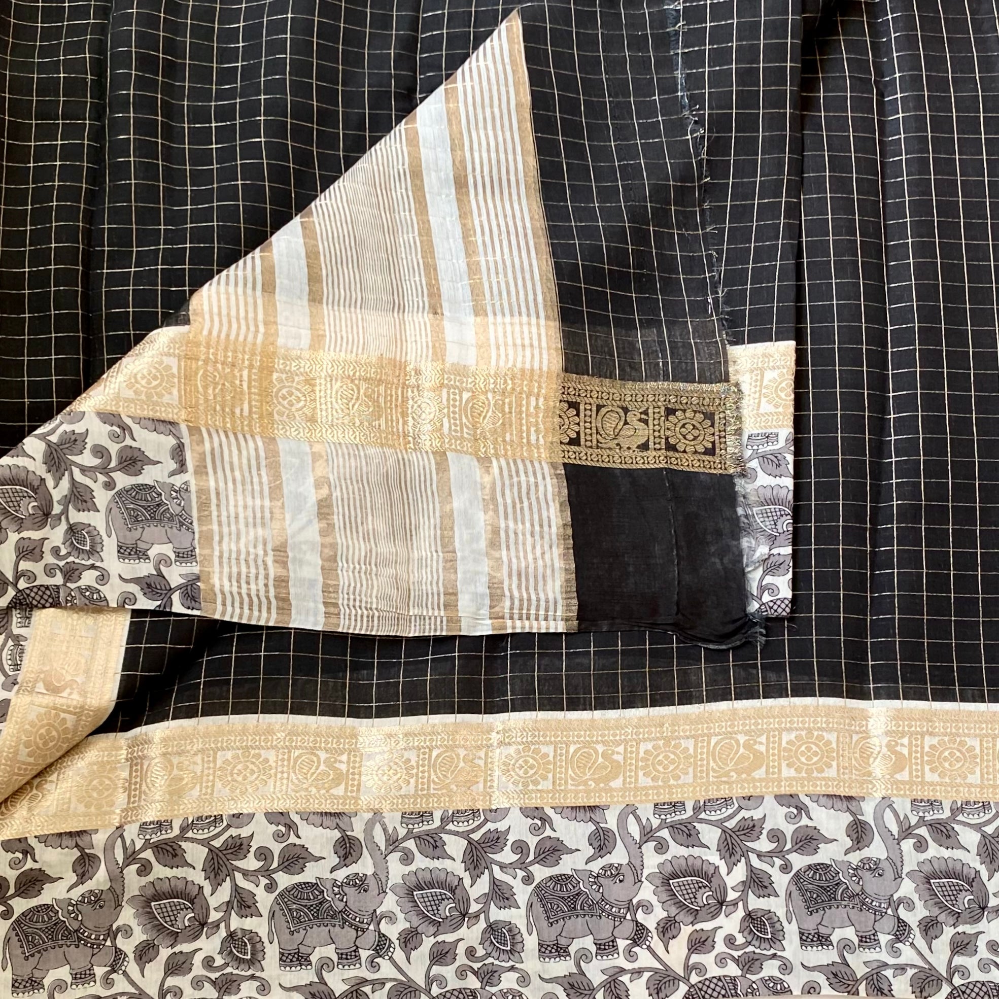 Charcoal Checked Saree Ivory Pallu Gold Zari Elephant Border Traditional