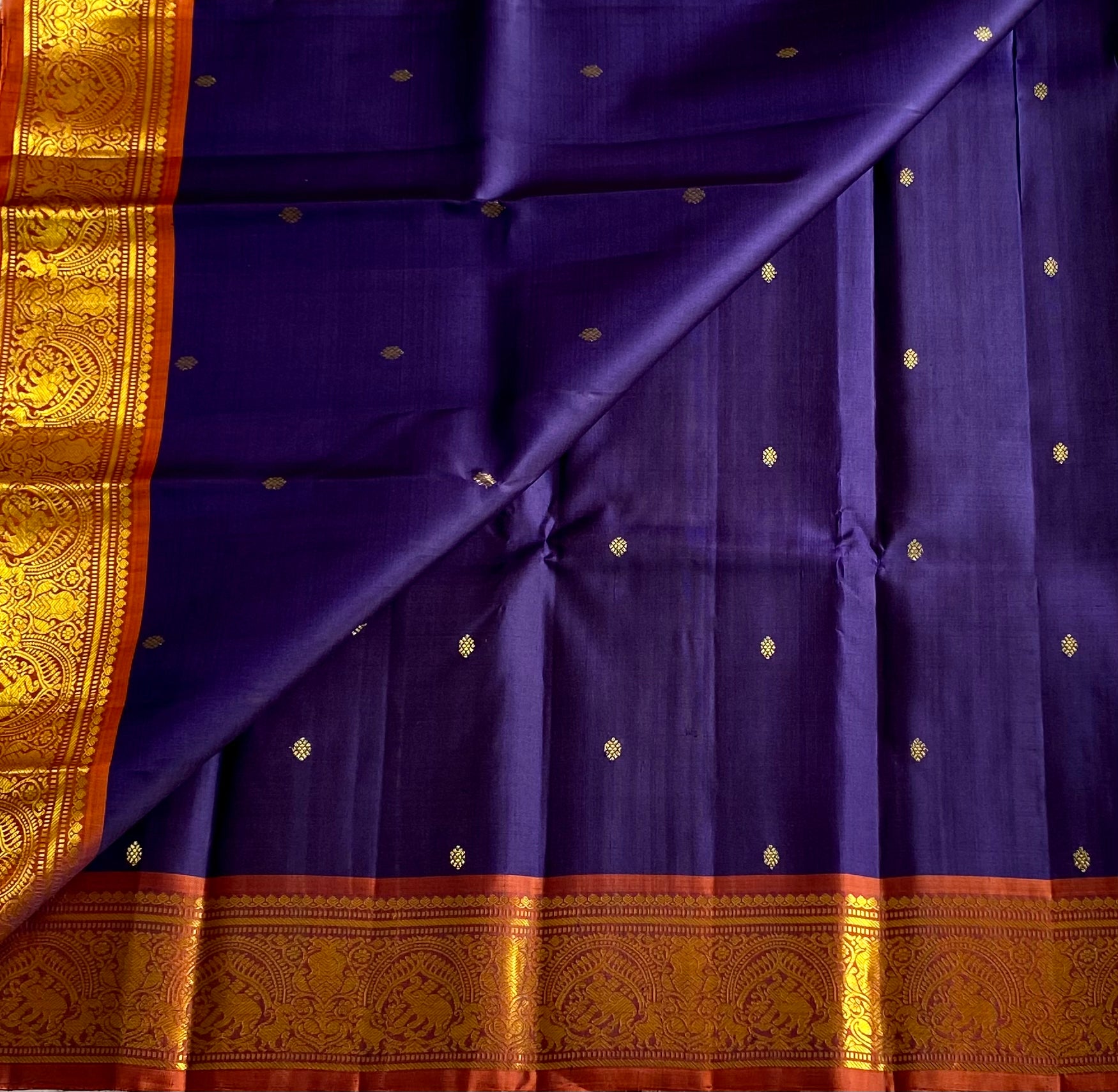 Royal Blue Silk Saree Burnt Orange Pallu Gold Brocade Border