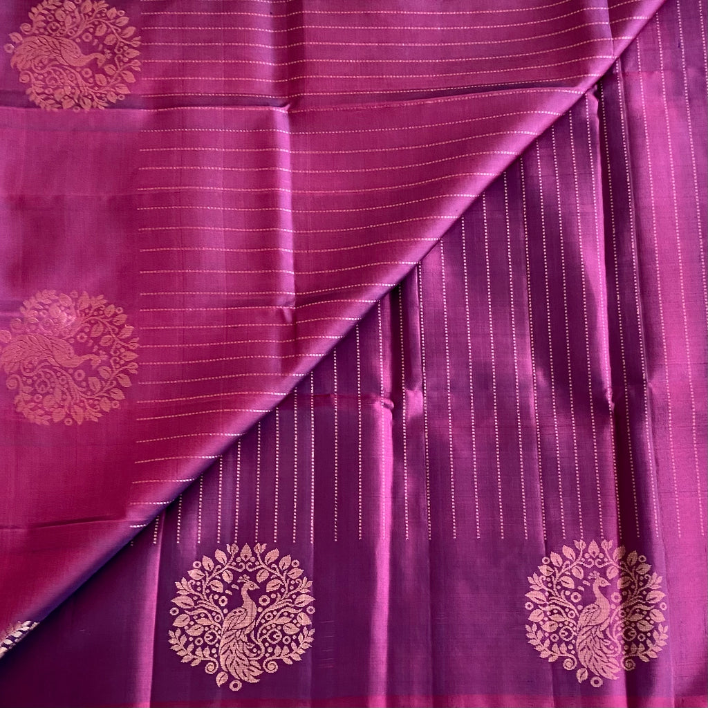 Dual Shaded Magenta Designer Pure Silk Saree With Antique Gold Floral Pallu