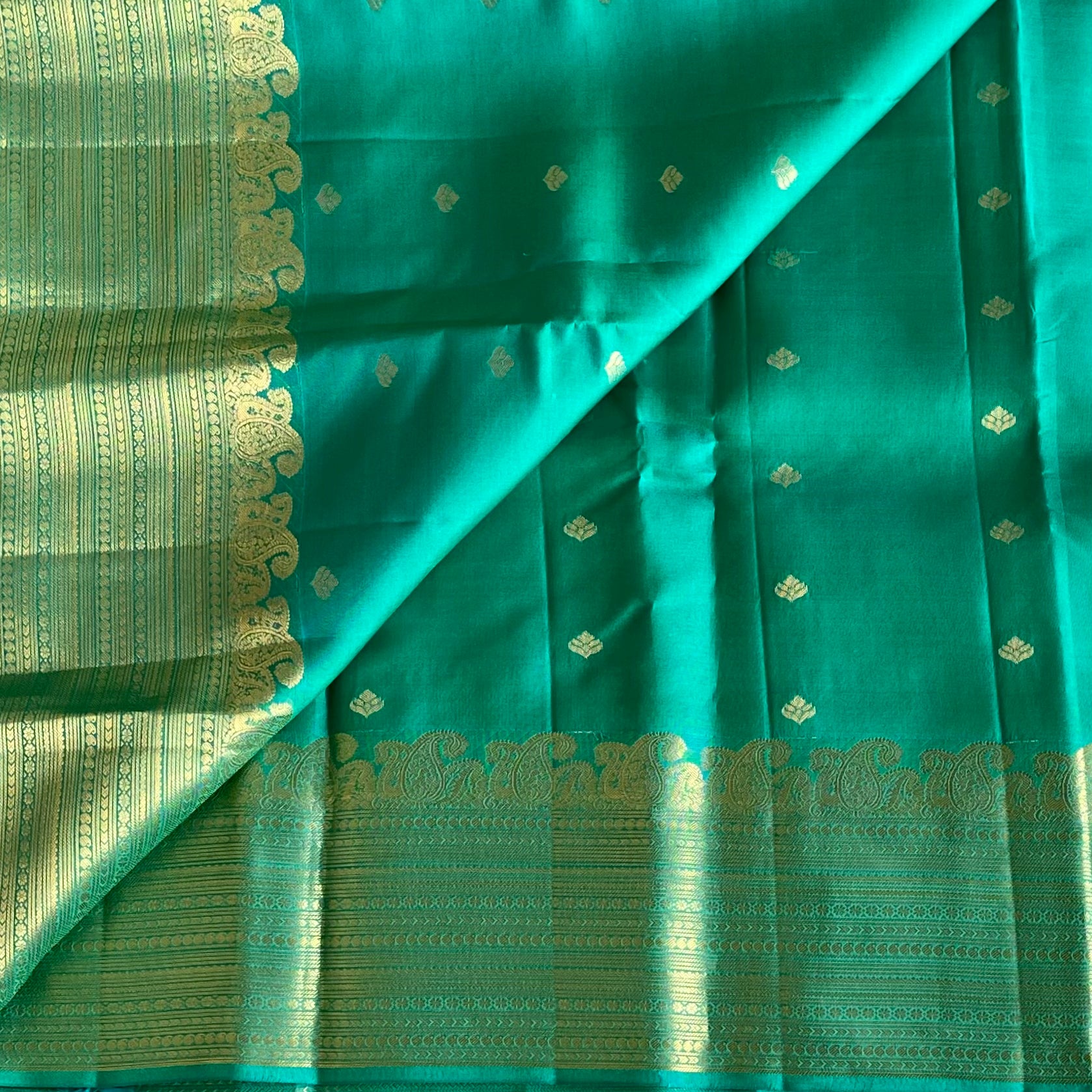 Teal Green Designer Pure Silk Saree With Metallic Gold Pallu
