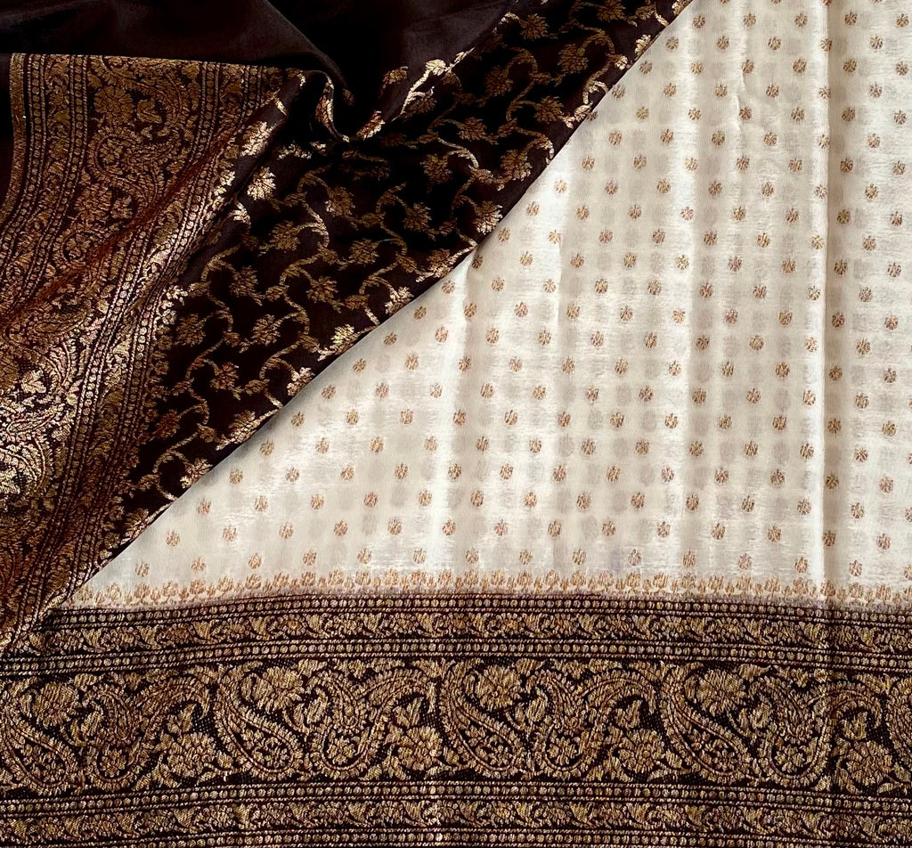 Pearl Ivory Banarasi Soft Crepe Silk With Stunner Black Pallu