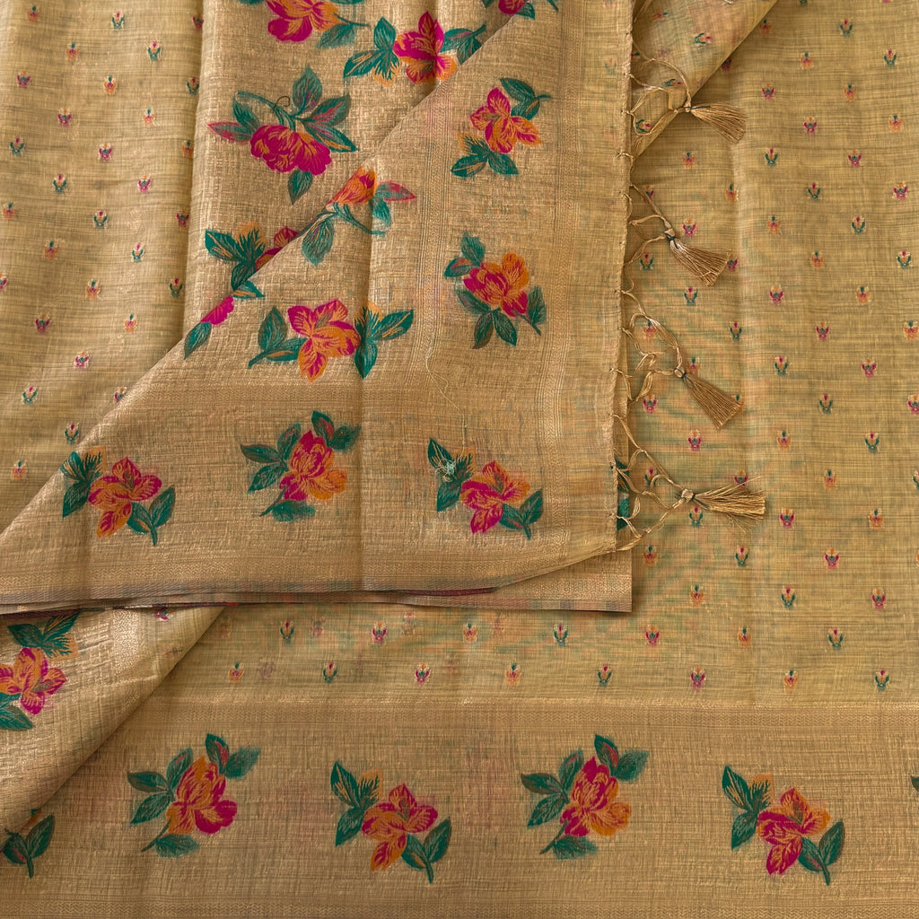 Beige Gold Floral Zari Saree Magenta Orange Flowers Tassel Pallu