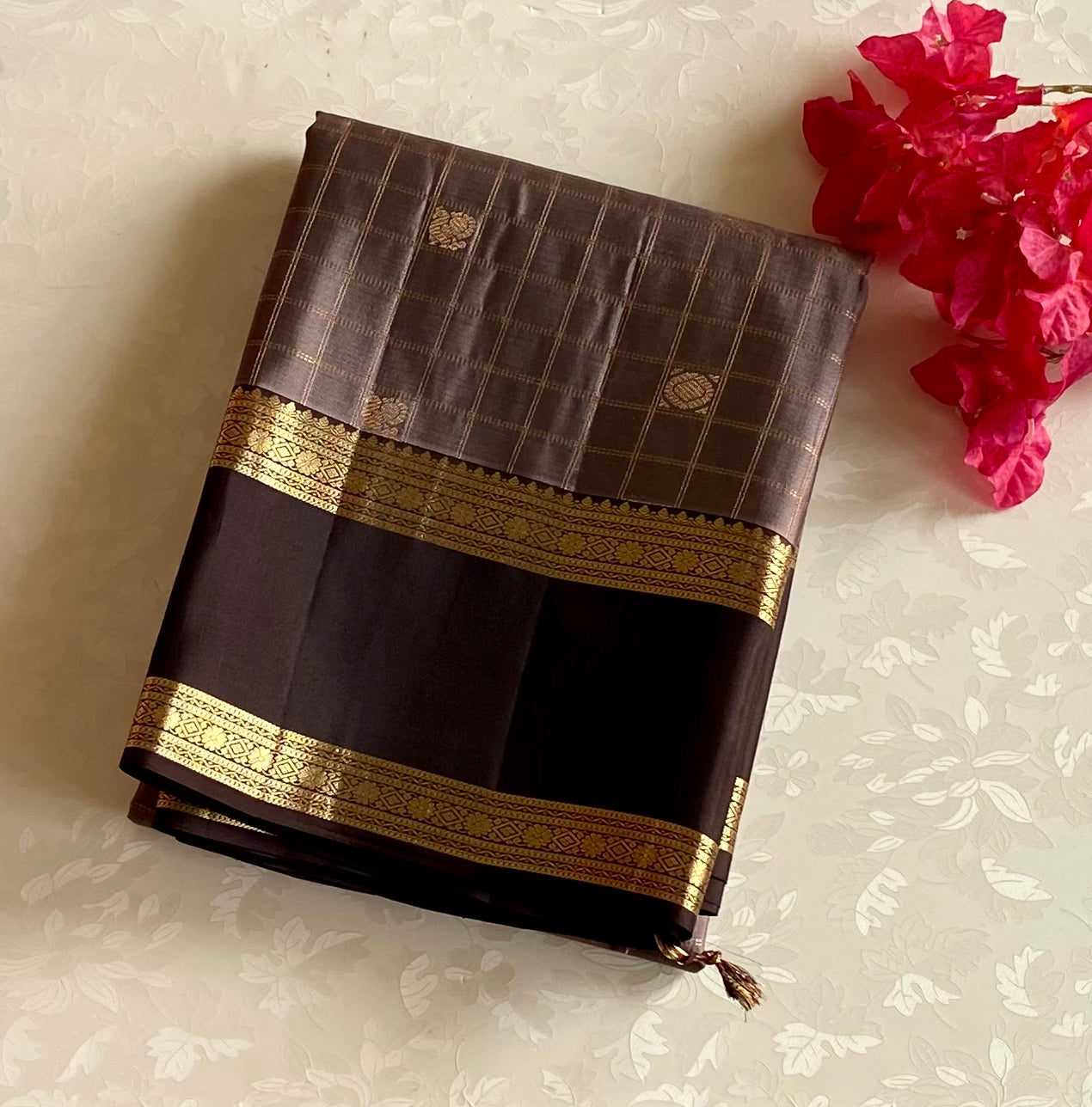 Antique Gold Brocade Saree with Deep Brown Zari Border Slate Pallu