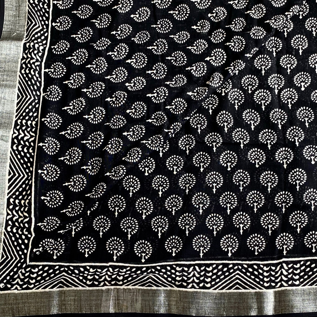 Jet Black Block Printed Soft Linen With Off White & Antique Silver Borders