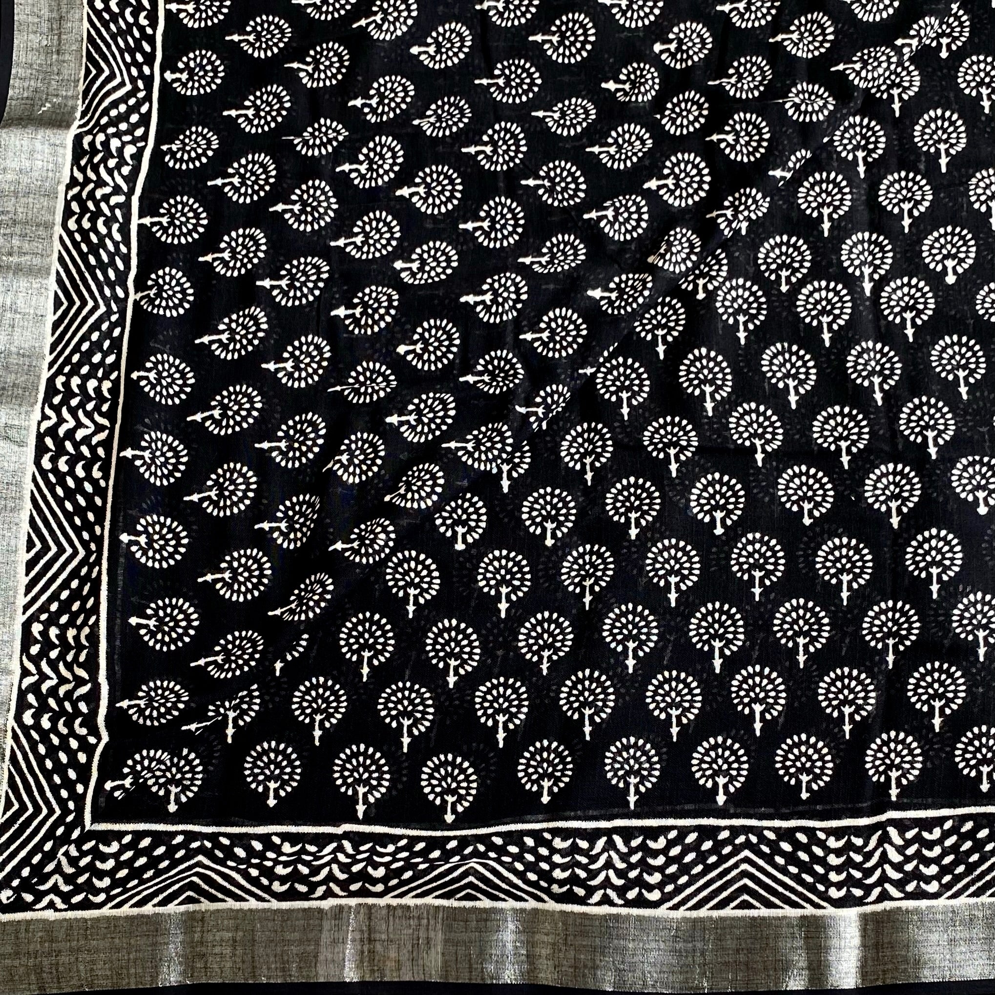 Jet Black Block Printed Soft Linen With Off White & Antique Silver Borders