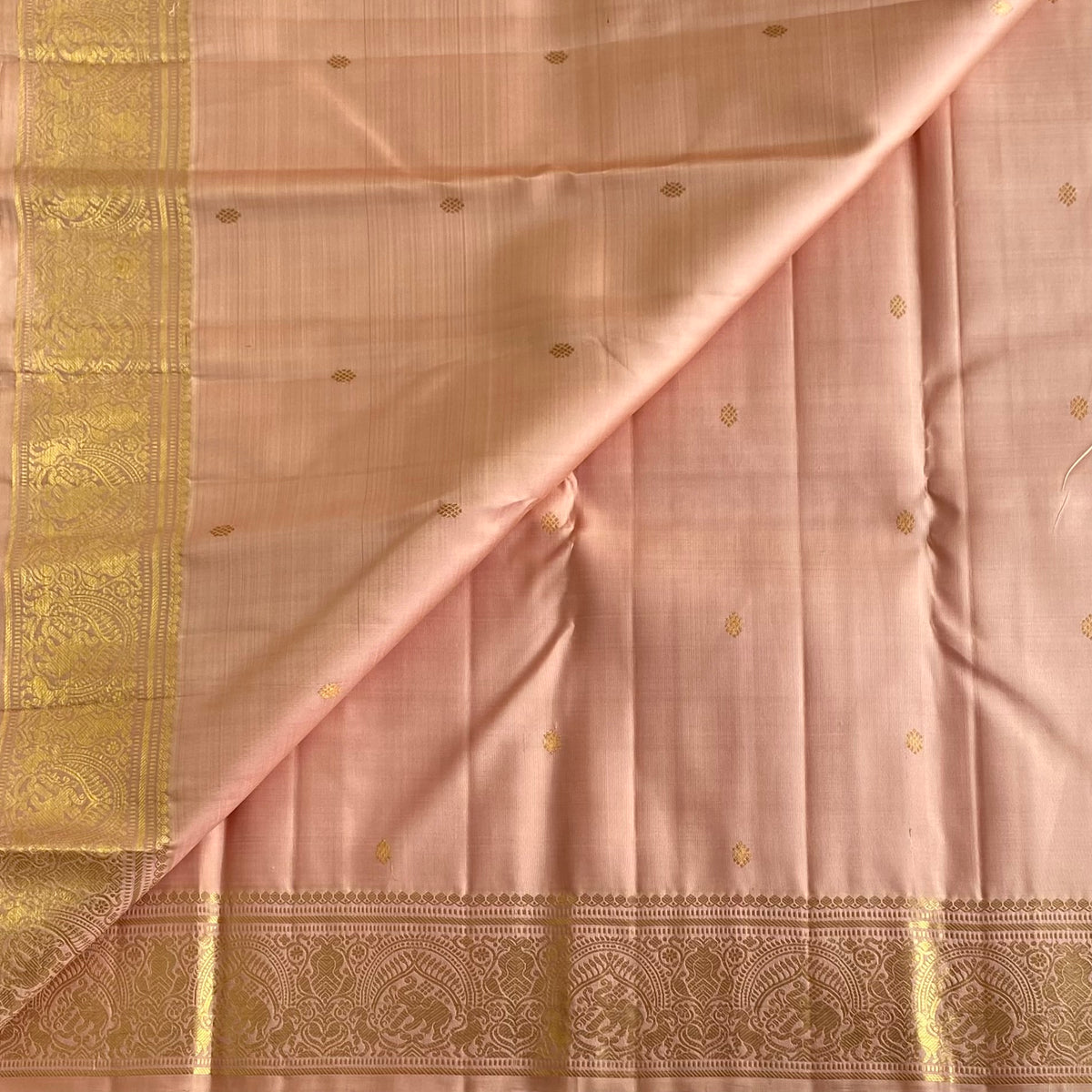 Blush Pastel Pinkish Peach Kanjeevaram Pure Zari Silk Saree With Metallic Gold Border