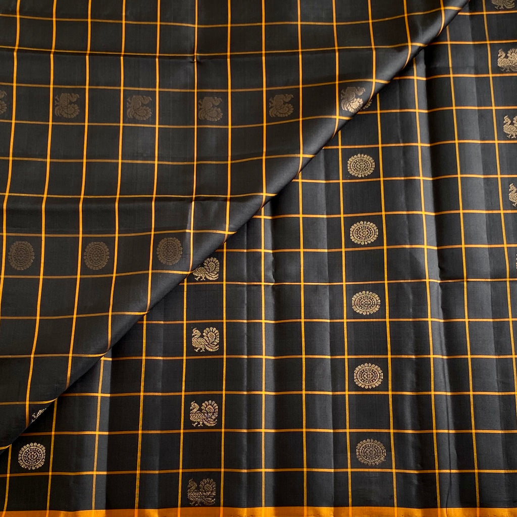 Charcoal Black Designer Pure Silk Saree With Saffron Orange Pallu