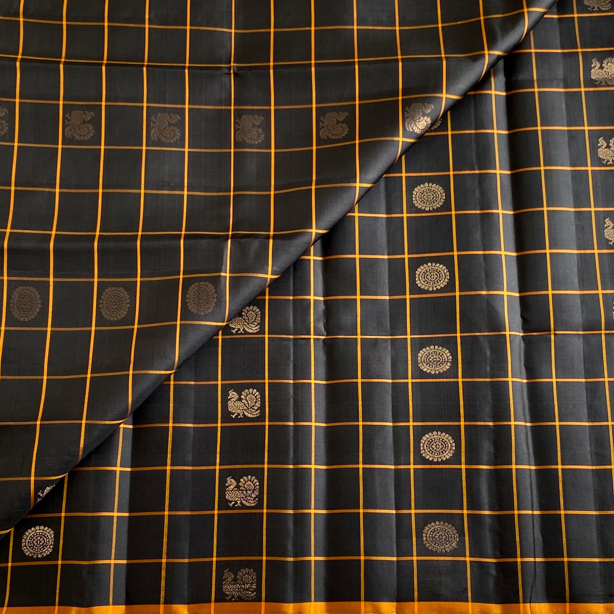 Charcoal Black Designer Pure Silk Saree With Saffron Orange Pallu
