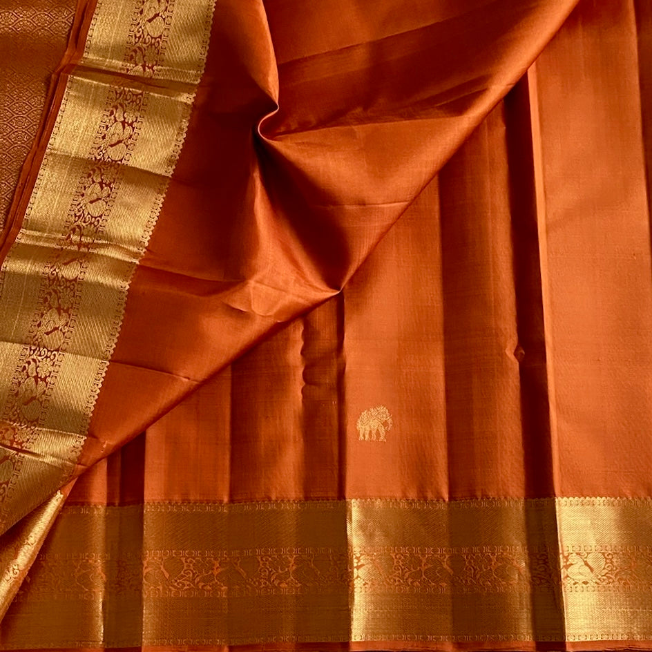 Burnt Orange Kanjeevaram Pure Zari Silk Saree With Gold Border