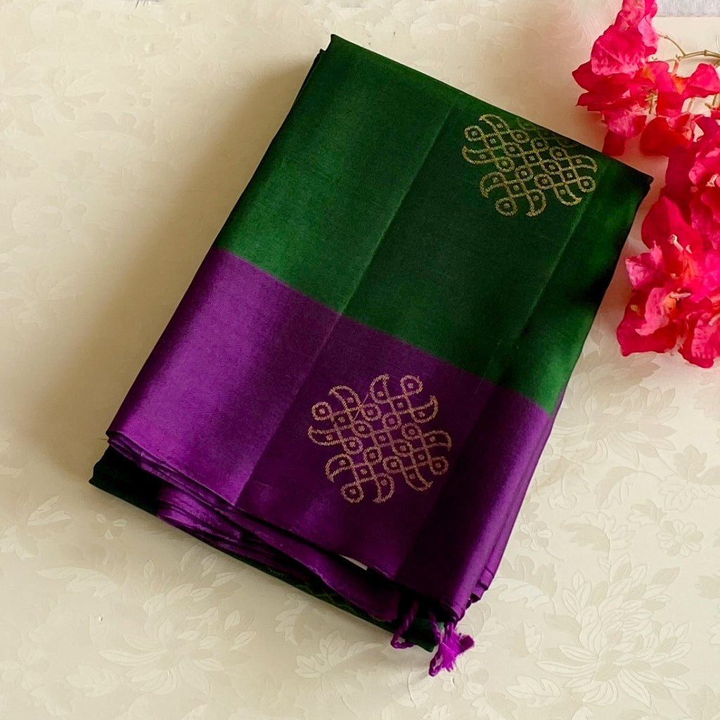 Emerald Green with Purple handwoven designer pure silk with Kollam zari weave