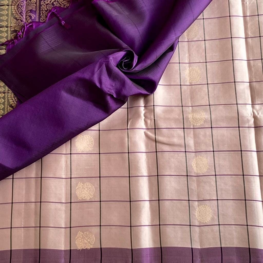 Blush Beige And Royal Purple Designer Pure Silk Saree With Zari