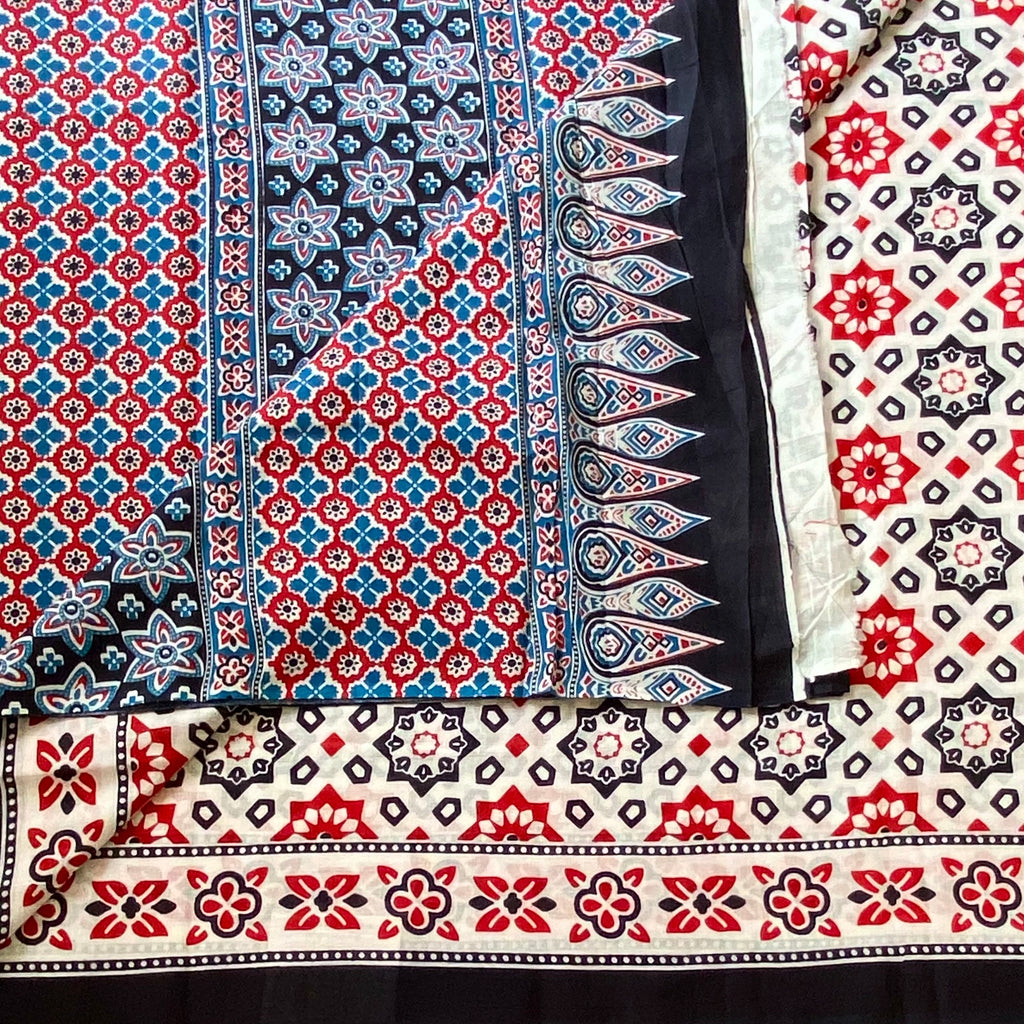 Navy Blue Crimson Floral Block Print Cotton Saree Traditional Wear