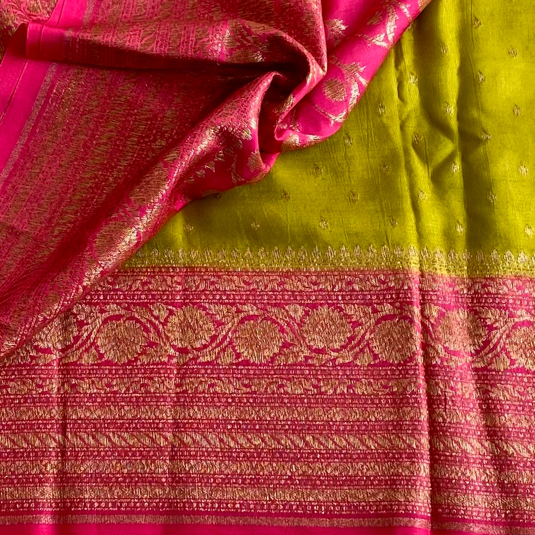 Chartreuse Green Banarasi Crepe Silk Saree With Contrast Rani Pink And Gold Zari