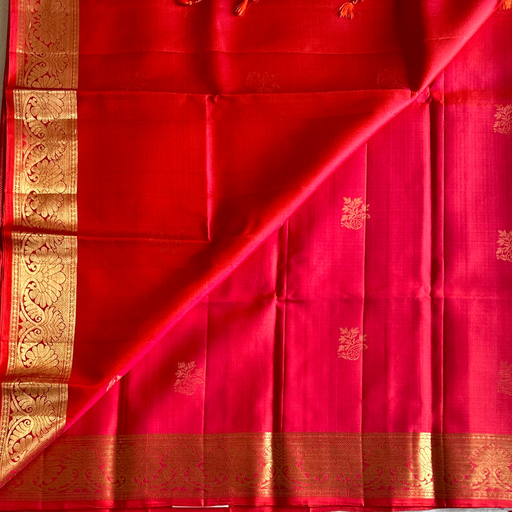 Vermilion Traditional Silk Saree Antique Gold Zari Border Wedding Wear