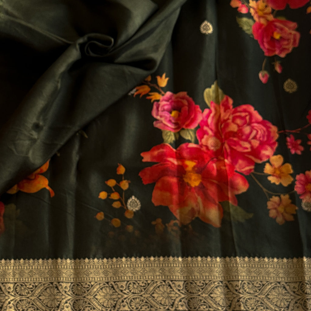 Forest Green Floral Saree with Gold Brocade Pallu and Border