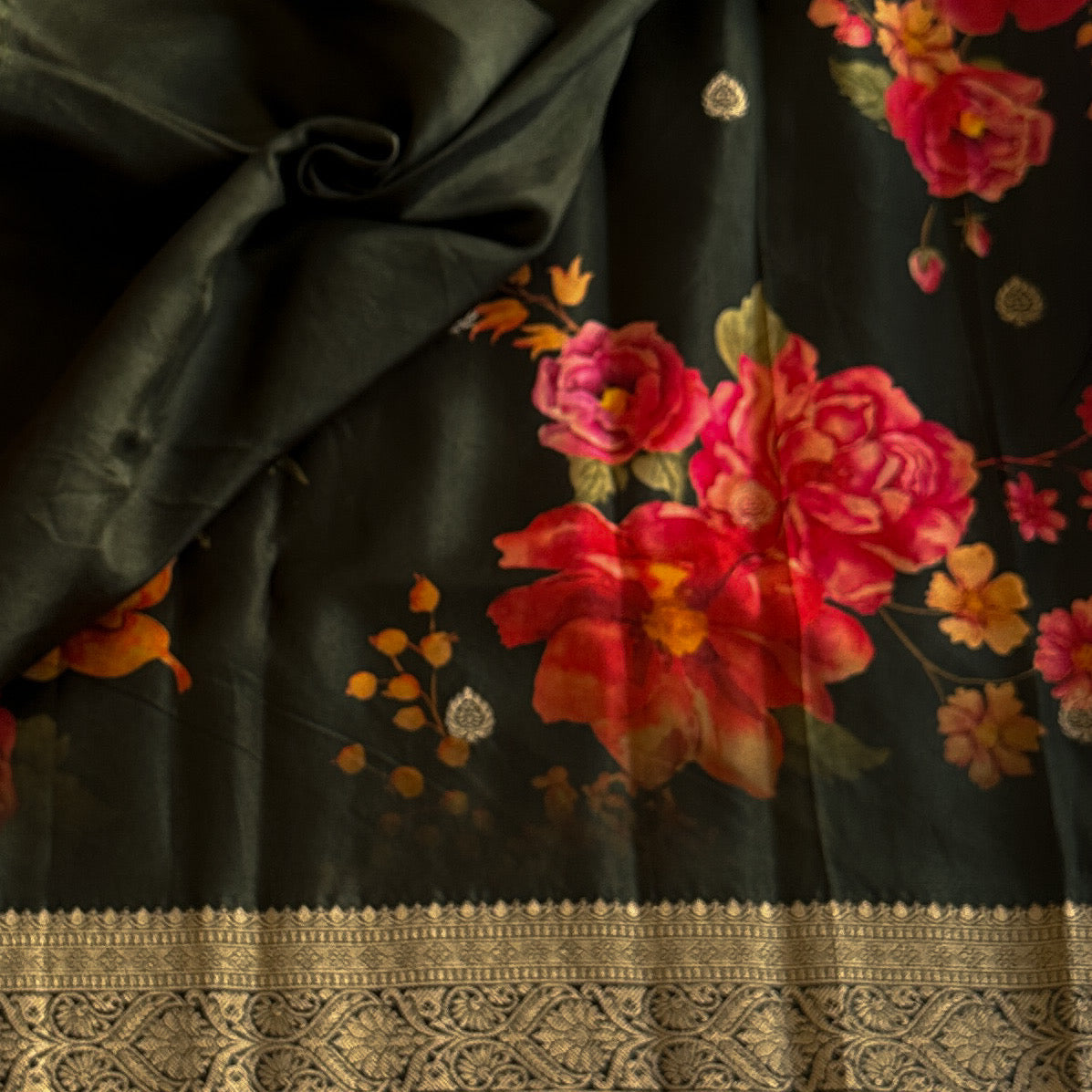 Forest Green Floral Saree with Gold Brocade Pallu and Border