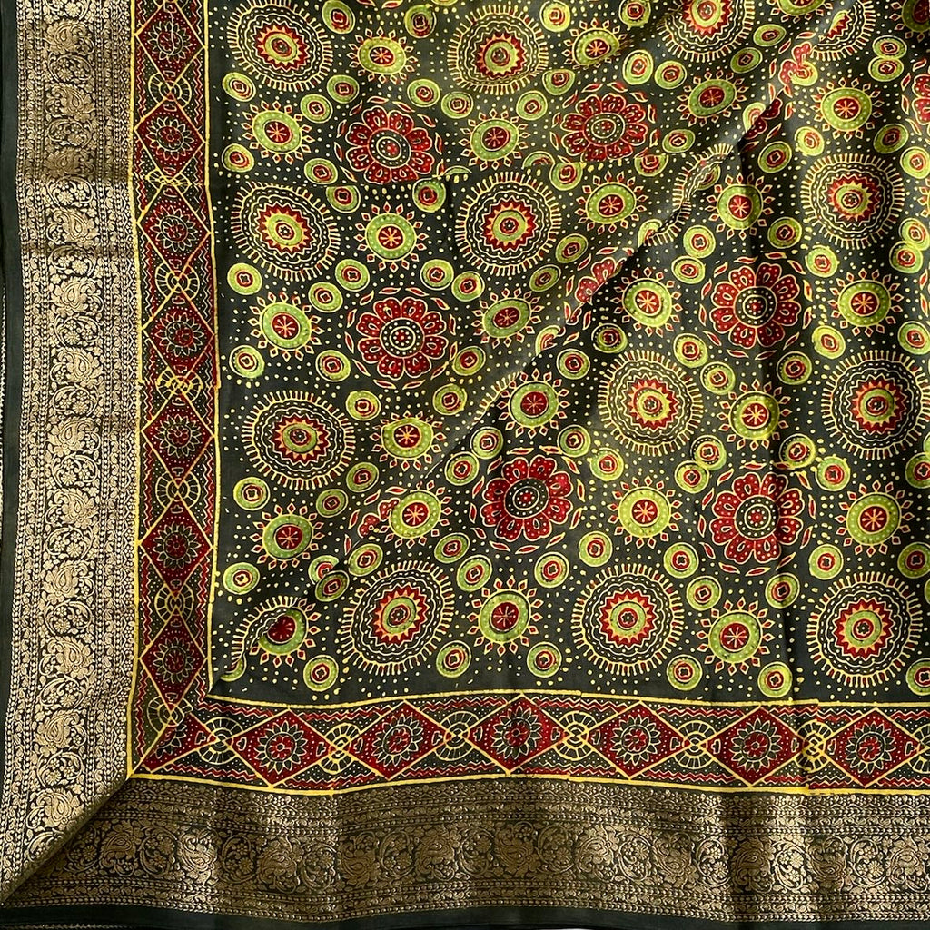 Ajrakh Handblock Printed Tussar Deep Forest Green With Maroon Red Panels
