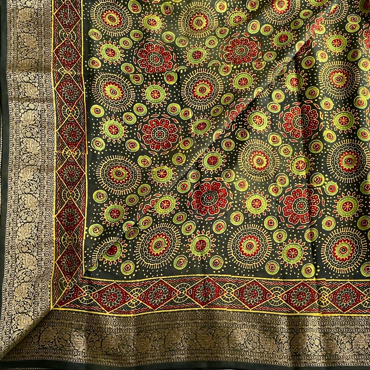 Ajrakh Handblock Printed Tussar Deep Forest Green With Maroon Red Panels