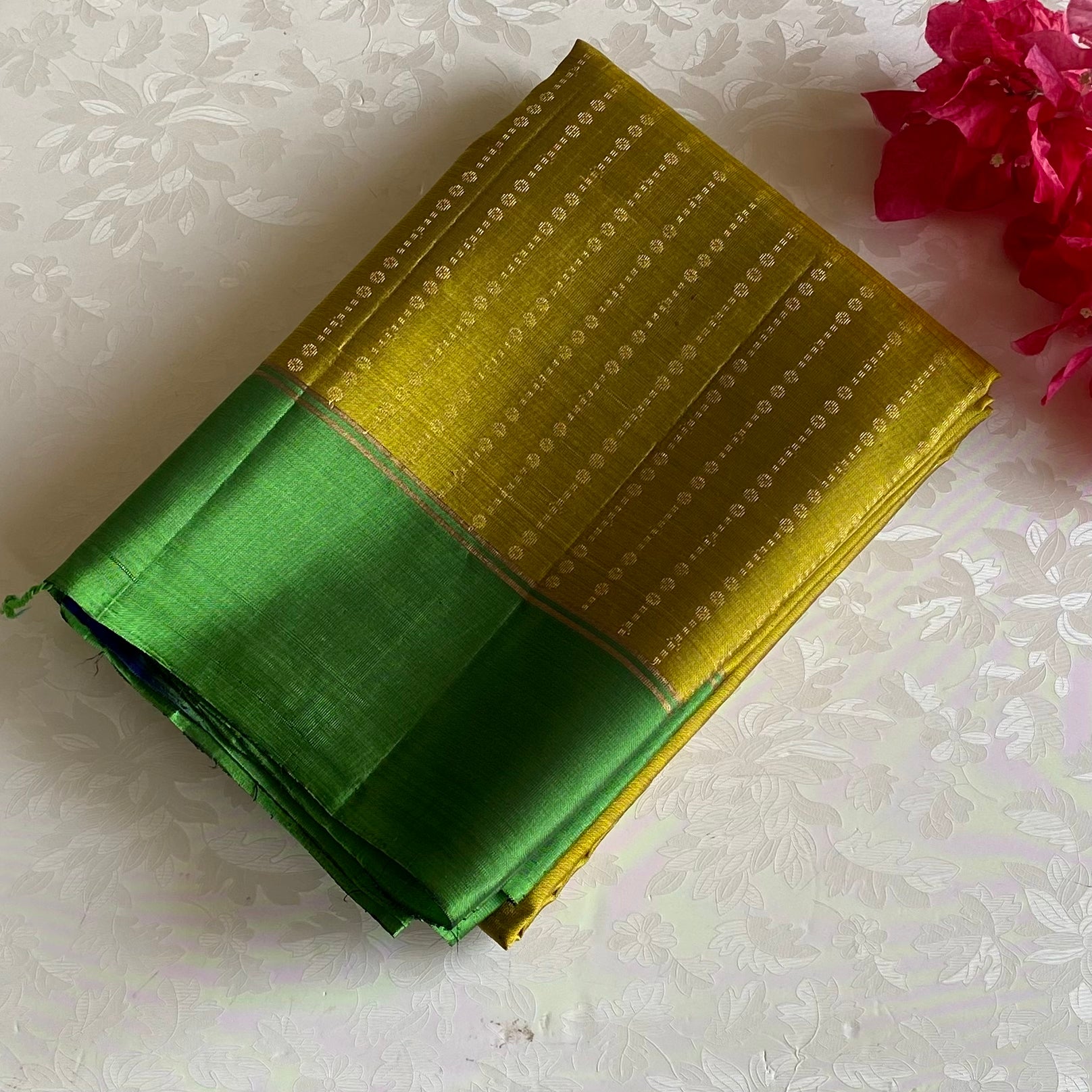 Mustard Yellow Green With Kelly Green Designer Pure Silk