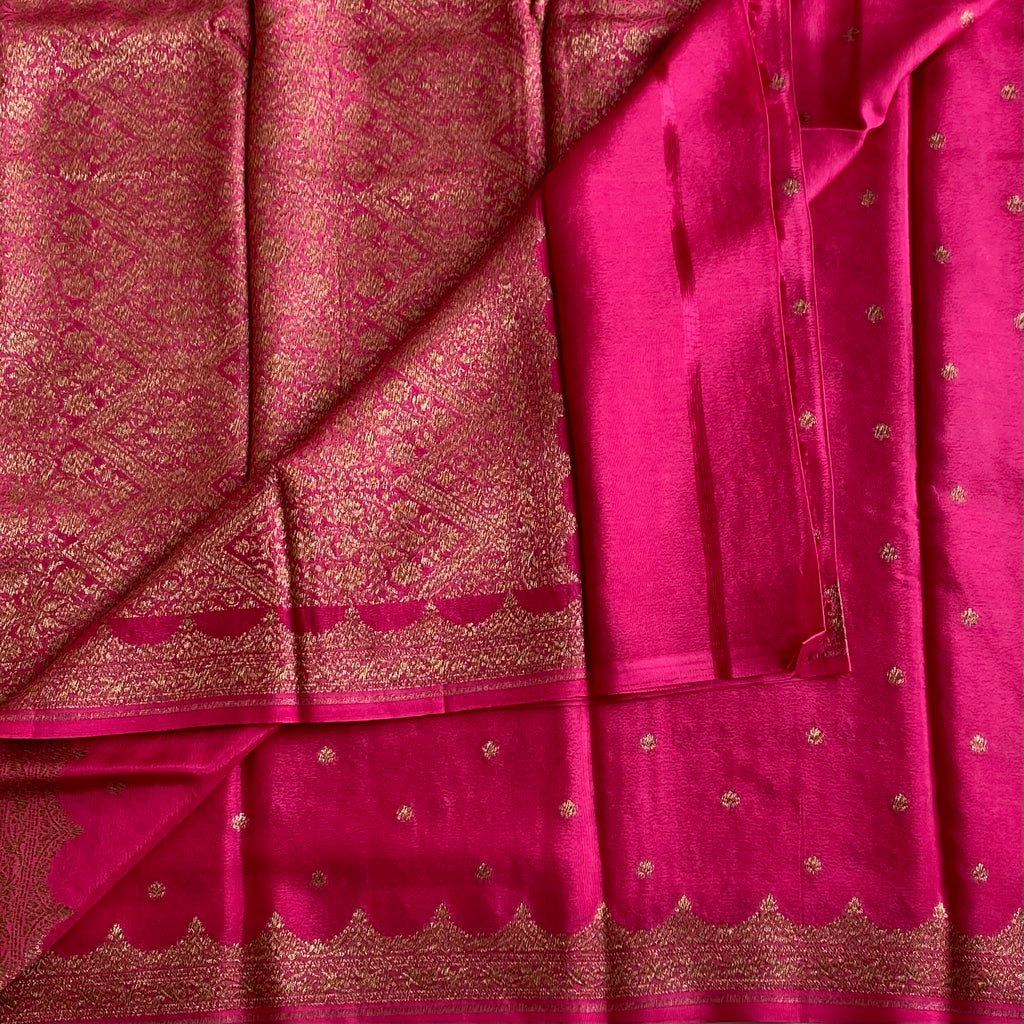 Hot Pink Banarasi Crepe Silk Saree With Antique Gold Brocade