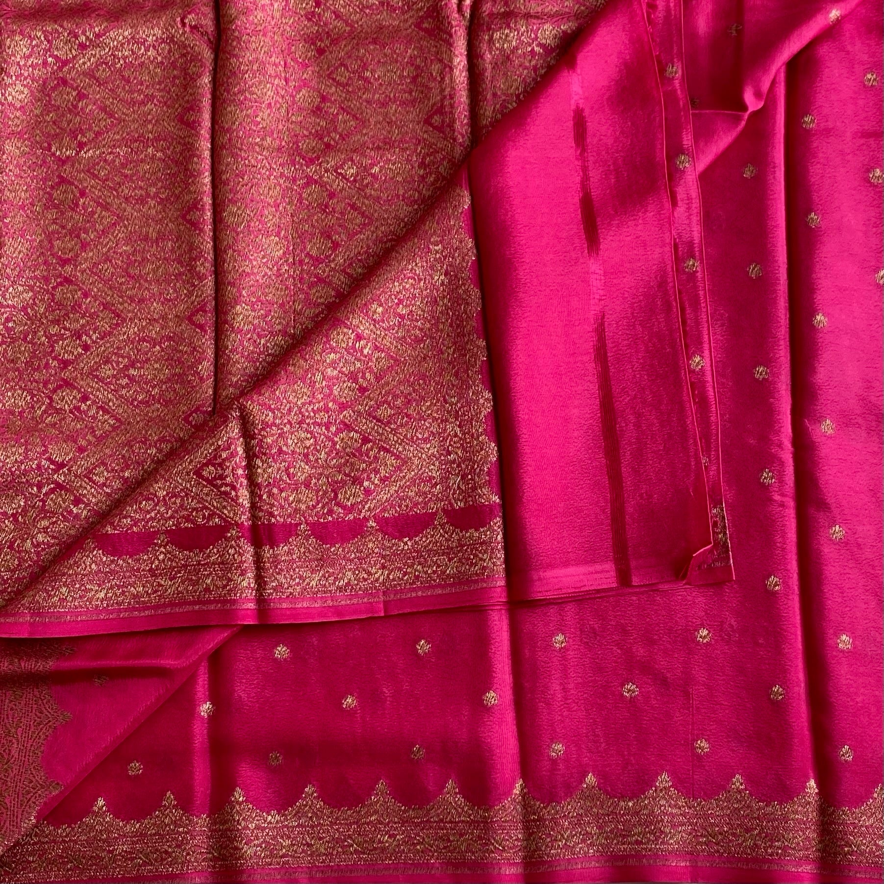 Hot Pink Banarasi Crepe Silk Saree With Antique Gold Brocade