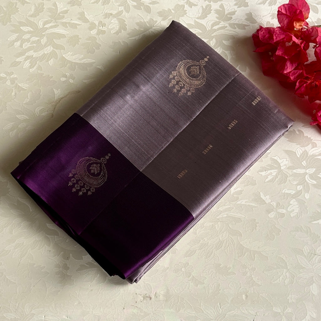 Pale Lavender Designer Pure Silk Saree With Deep Purple Pallu
