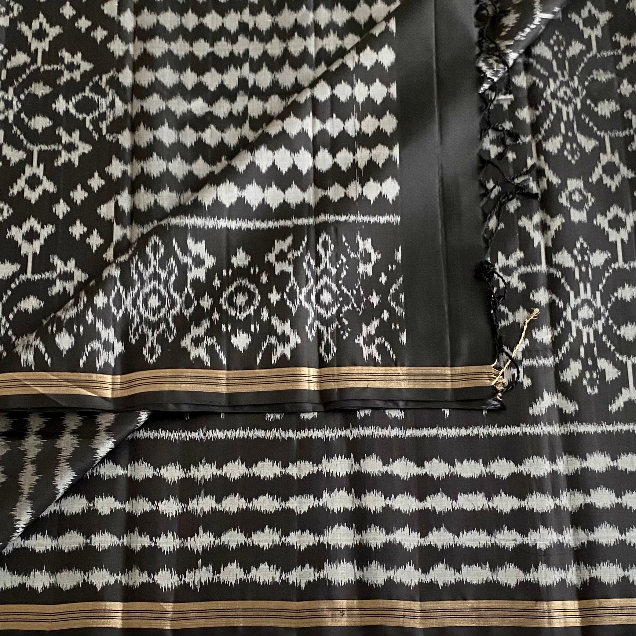 Jet Black Silver Gray Designer Pure Silk Ikat Saree With Zari