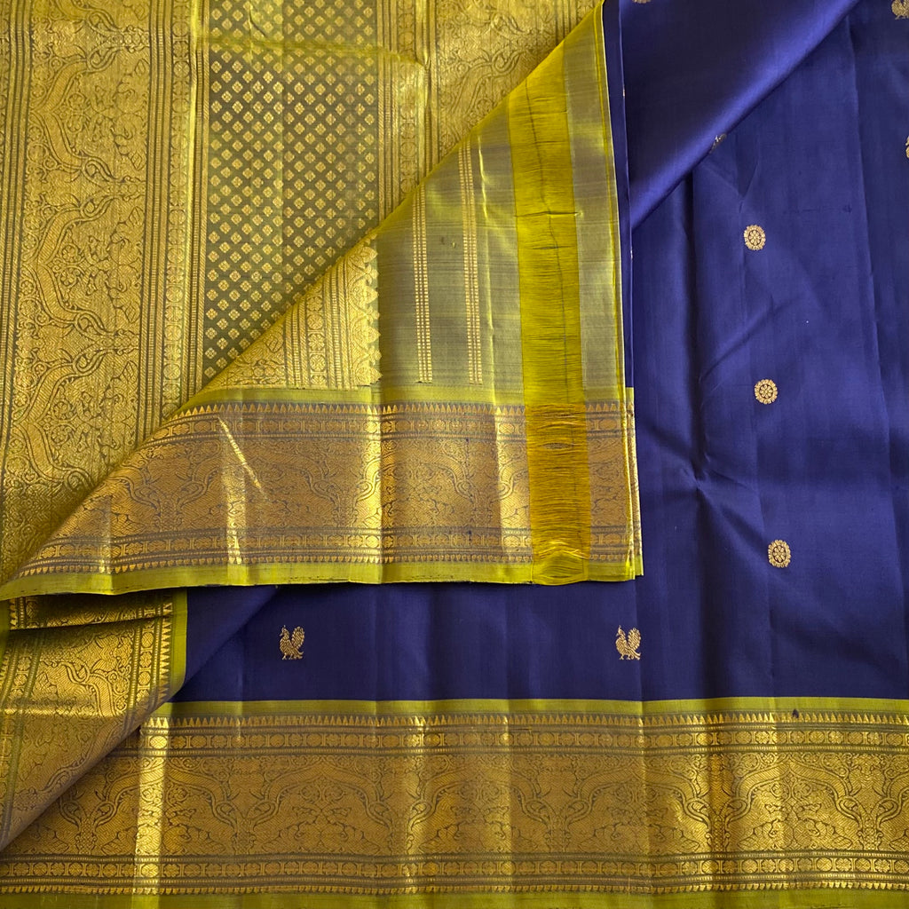 Royal Blue Kanjeevaram Pure Zari Silk Saree With Perfect Olive Pallu