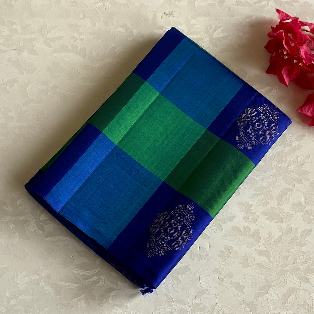 Checkered Blue & Emerald Green Designer Pure Silk with Royal Blue Pallu