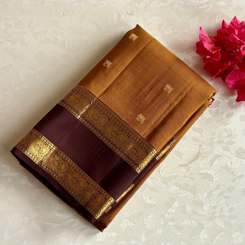 Deep Maroon Designer Pure Silk Saree With Mustard Gold Pallu Brocade Border