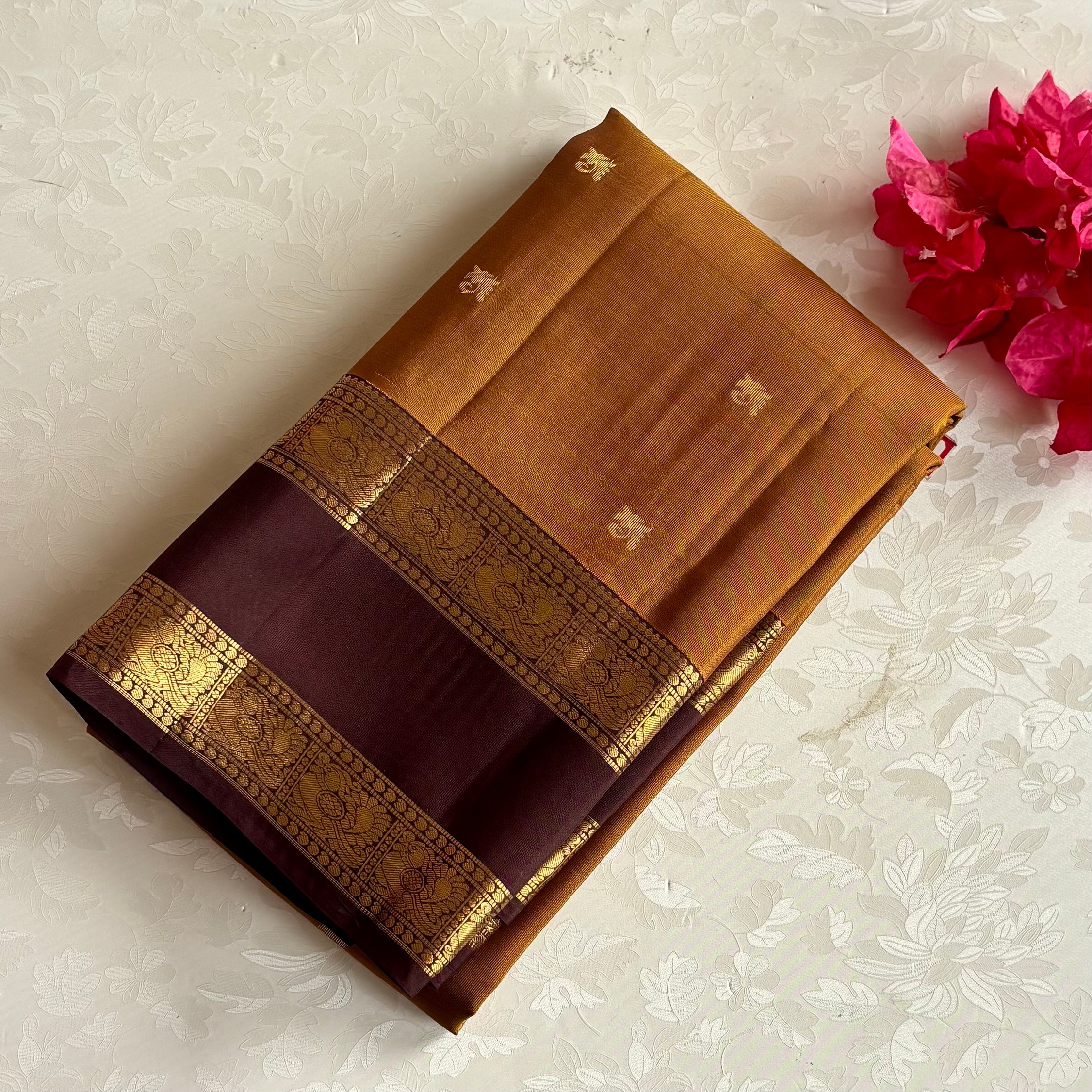 Deep Maroon Designer Pure Silk Saree With Mustard Gold Pallu Brocade Border