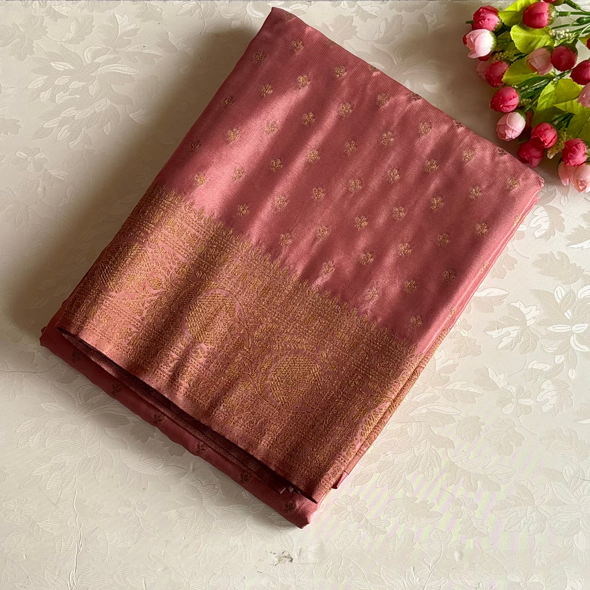 Bronze Copper Soft Satin Crepe  Saree With Antique Gold Pallu