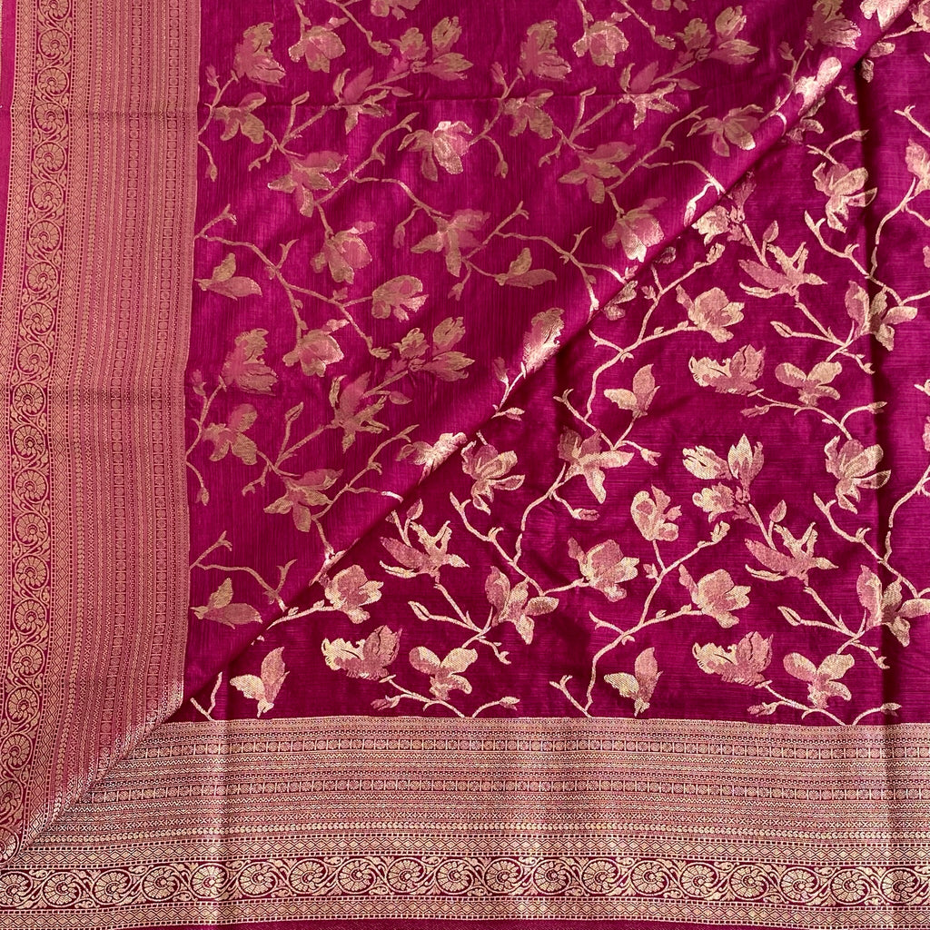 Claret Red Soft Tussar Silk Saree With Antique Gold Zari