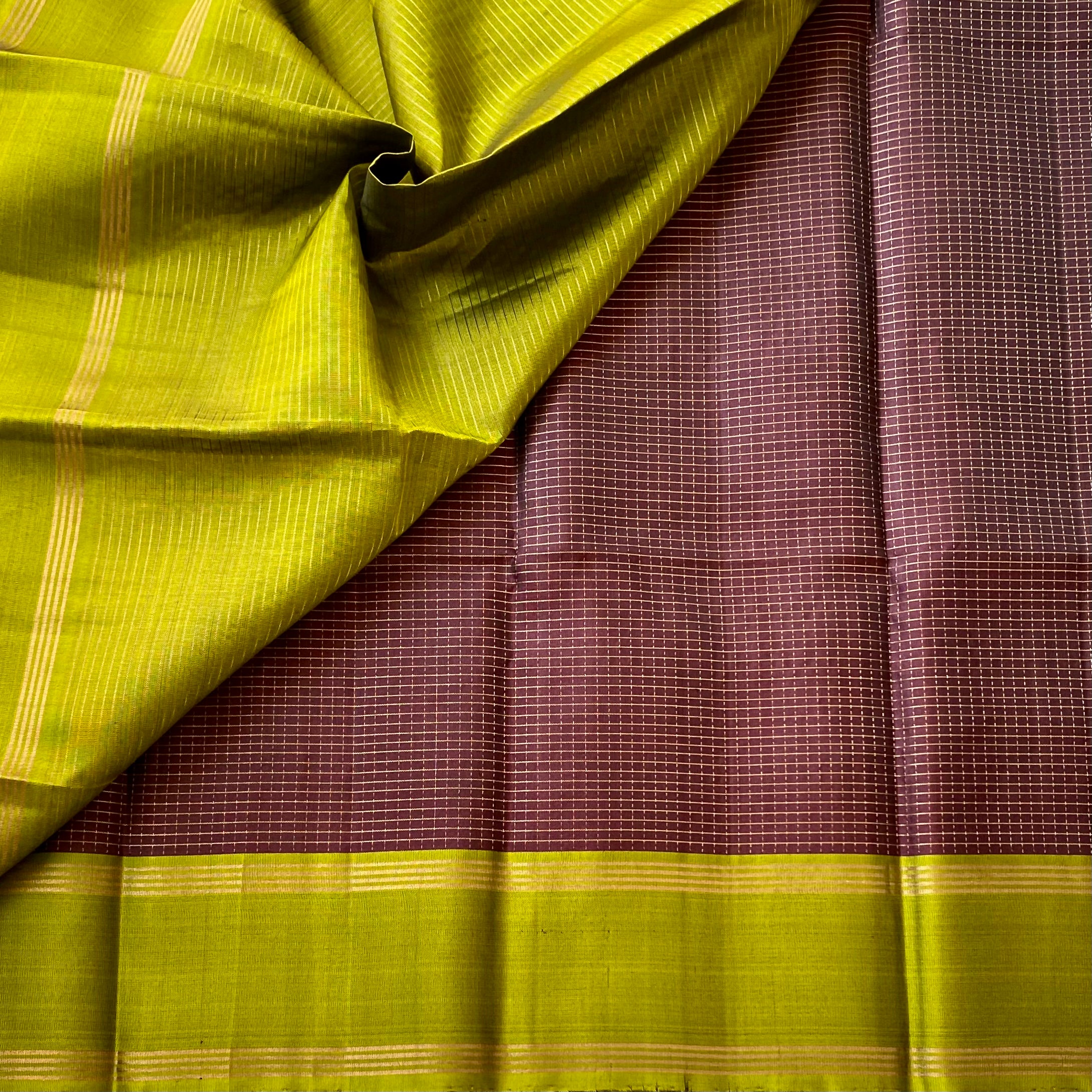 Royal Purple Chartreuse Silk Saree Gold Zari Floral Border Traditional