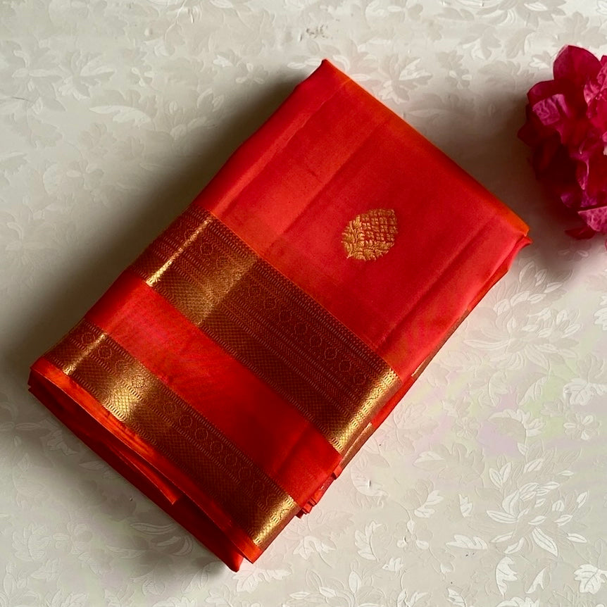 Vibrant Kanakambari Orange Designer Pure Silk Saree With Retta Petta Borders