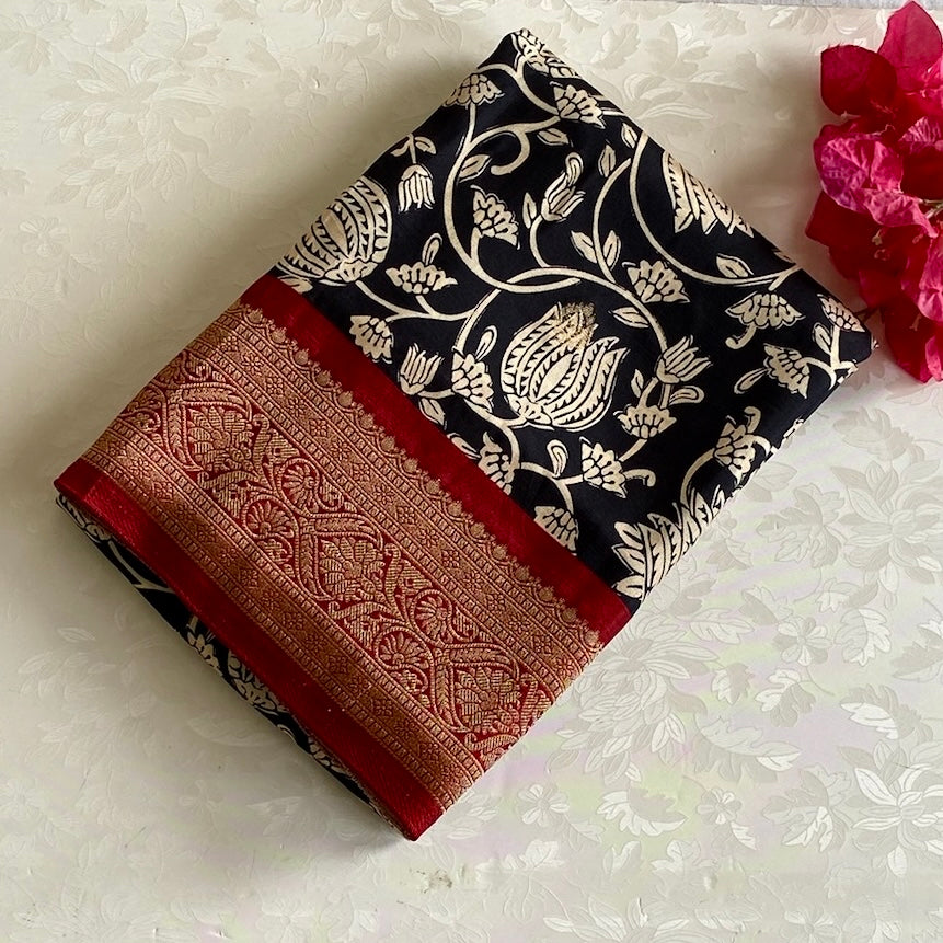 Jet Black Soft Tussar Silk Saree With Deep Maroon Pallu