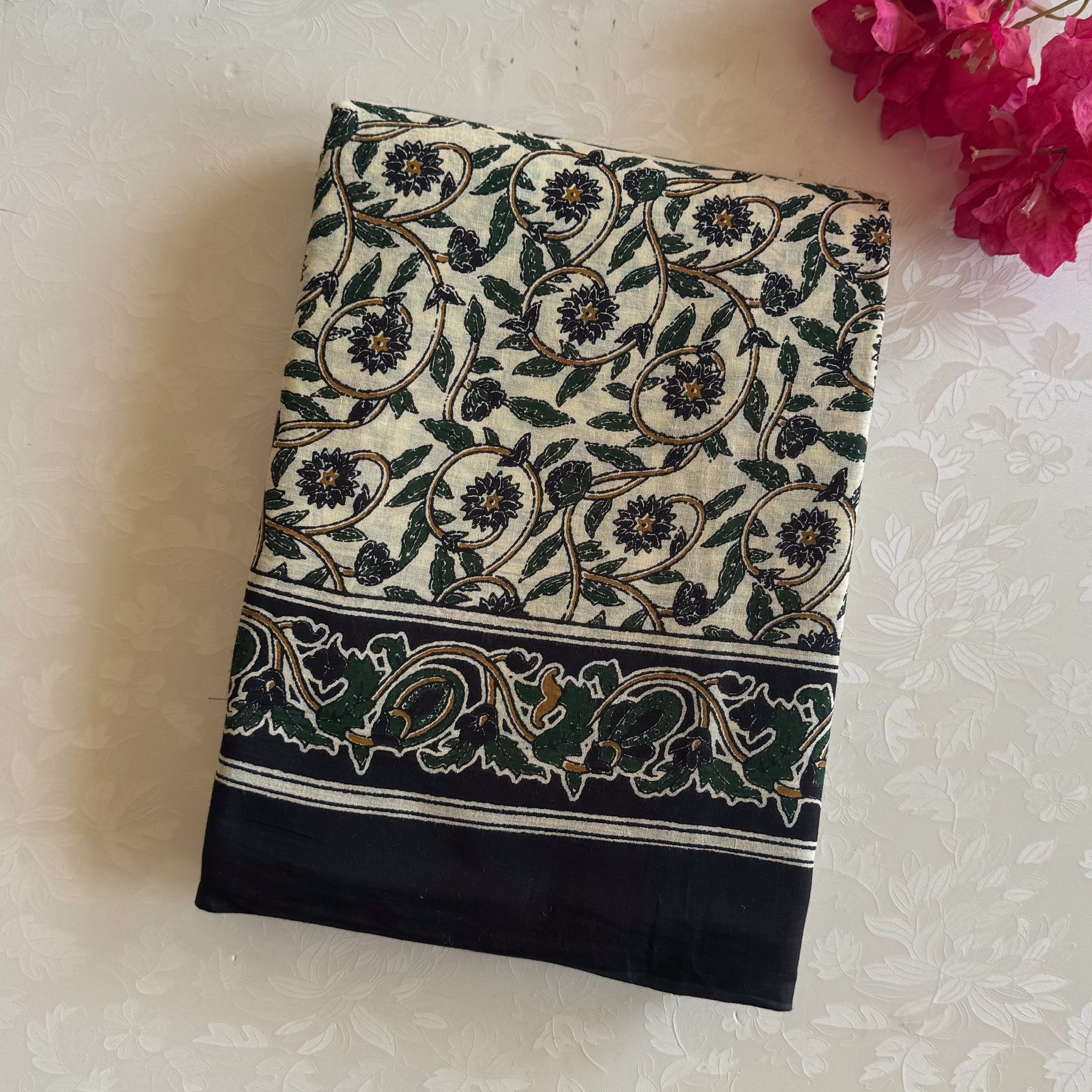 Forest Green Block Print Floral Saree with Black Paisley Border
