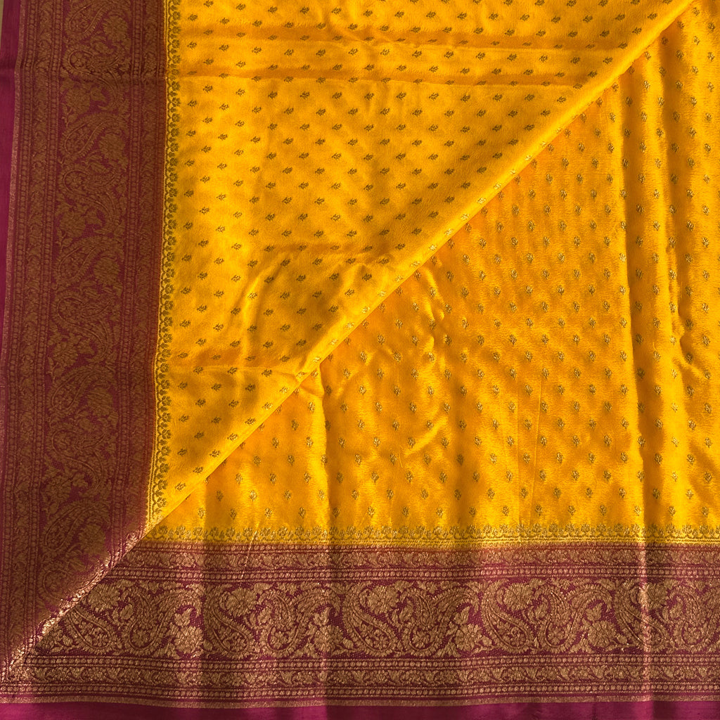 Saffron Yellow with Deep Magenta Soft Crepe Silk
