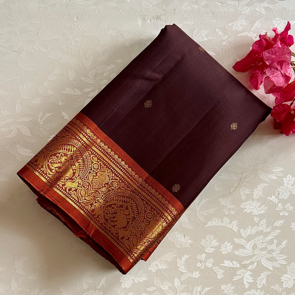 Deep Chocolate Wine Kanjivaram Silk Saree Gold Brocade Pallu Orange Border