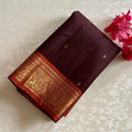 Deep Chocolate Wine Kanjivaram Silk Saree Gold Brocade Pallu Orange Border