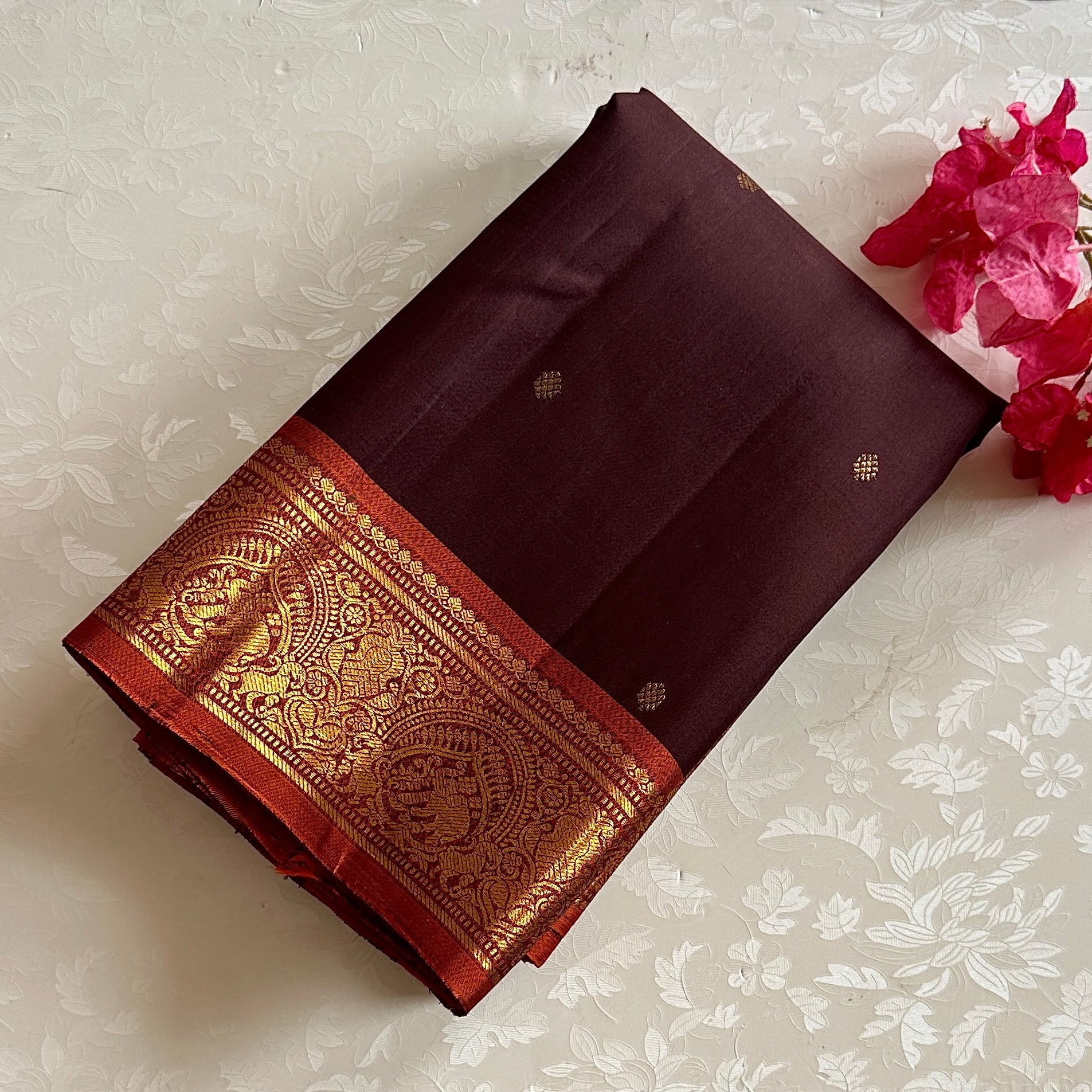 Deep Chocolate Wine Kanjivaram Silk Saree Gold Brocade Pallu Orange Border