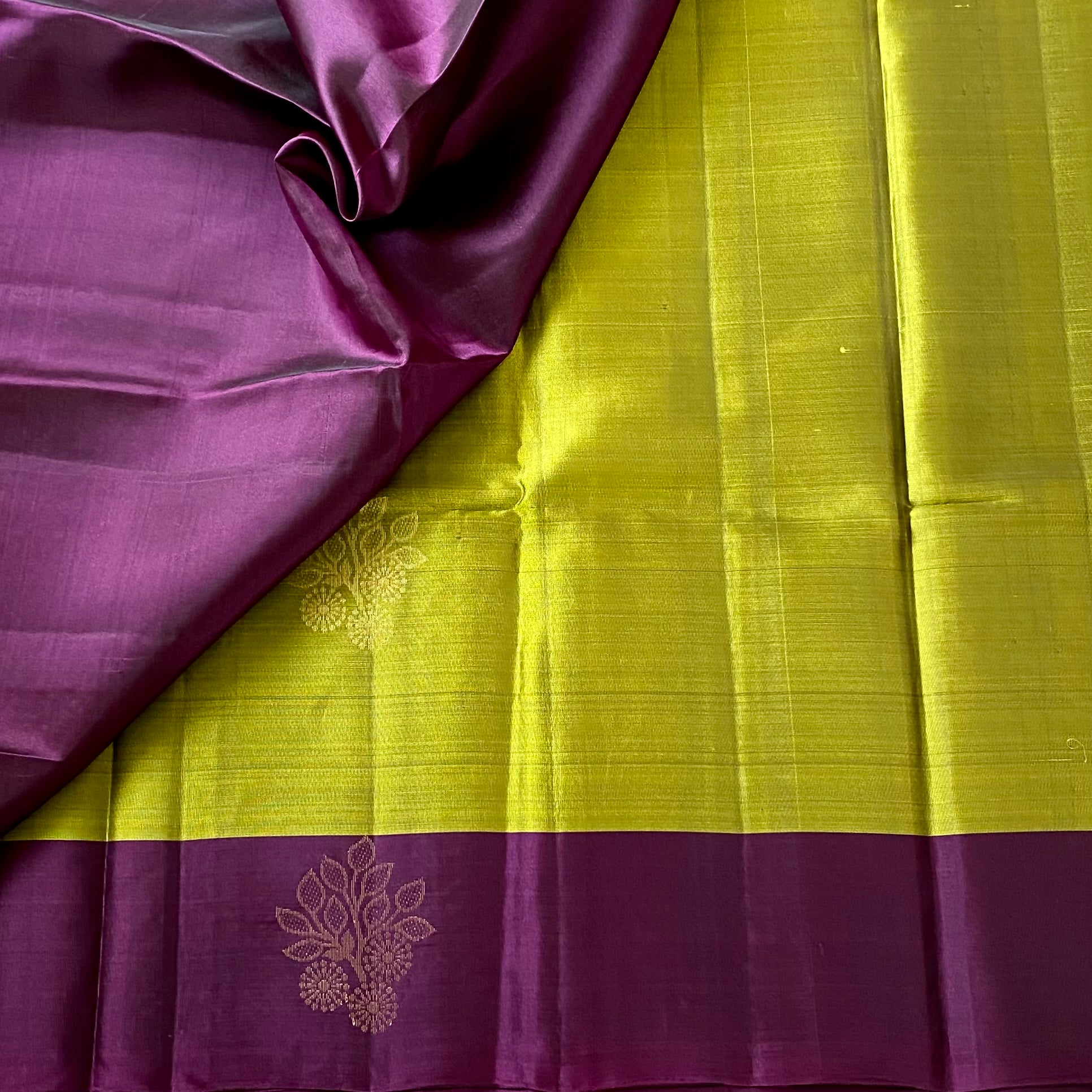 Chartreuse Silk Saree Royal Purple Gold Woven Pallu For Weddings