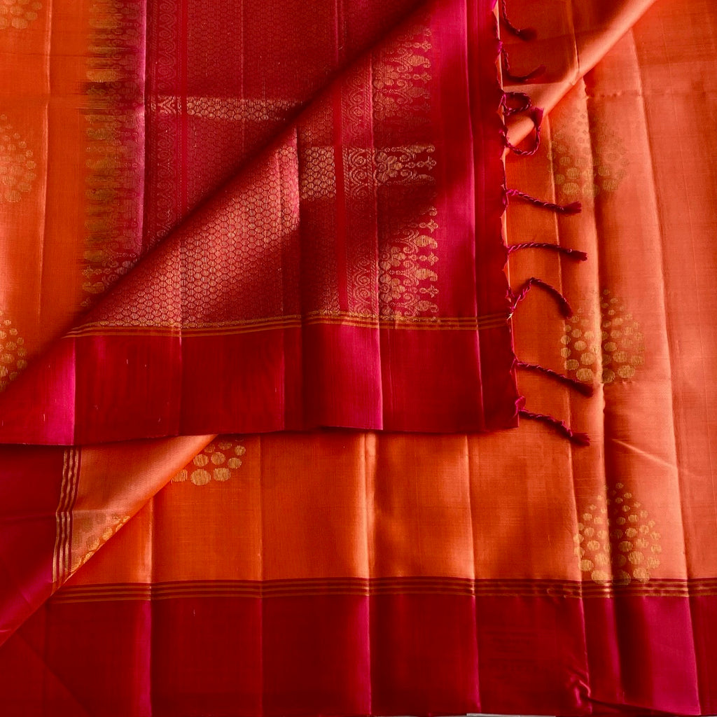 Rani Pink Designer Pure Silk Saree With Bright Orange Contrast Border