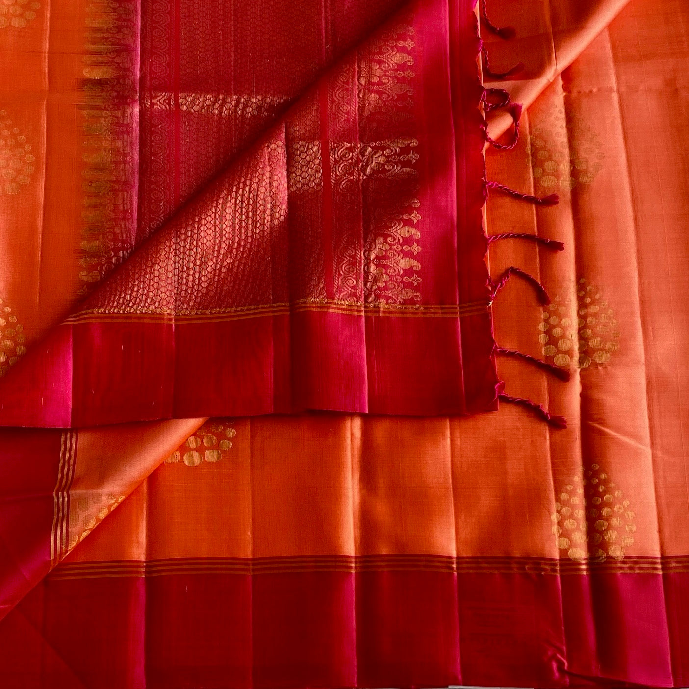 Rani Pink Designer Pure Silk Saree With Bright Orange Contrast Border